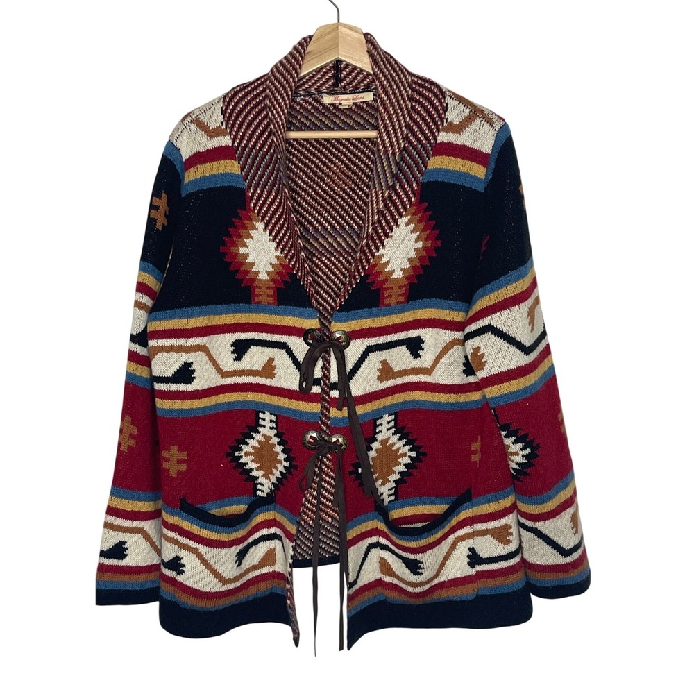 Magnolia Lane Southwestern Shawl Collar Tie Front Cardigan XL Red Navy Geometric